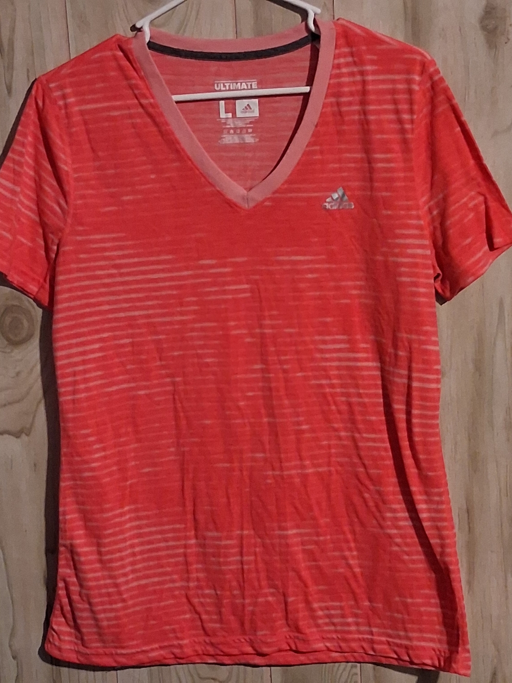 adidas Women's Coral Stripe Short-Sleeve V-Neck Tee L